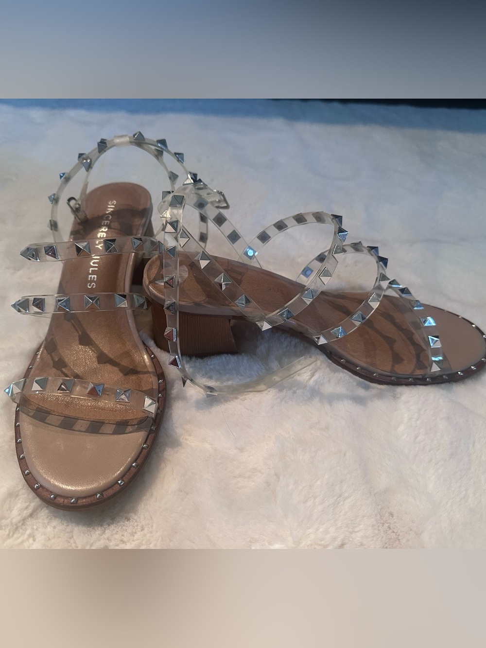 Sincerly Jules Clear Studded Strappy Sandals with Beige Footbed